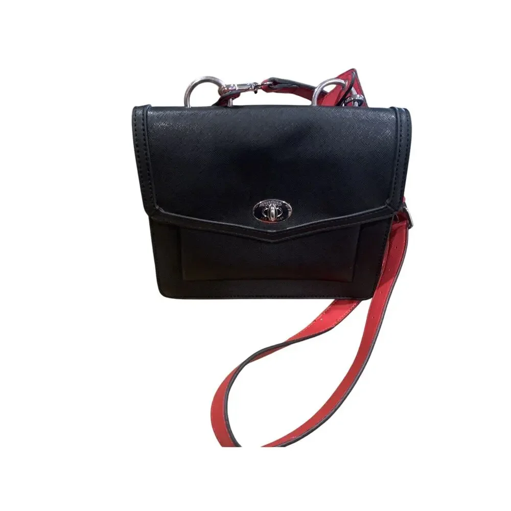 Guess Los Angeles Womens Black Purse Red Shoulder‎ Strap Silver Hardware